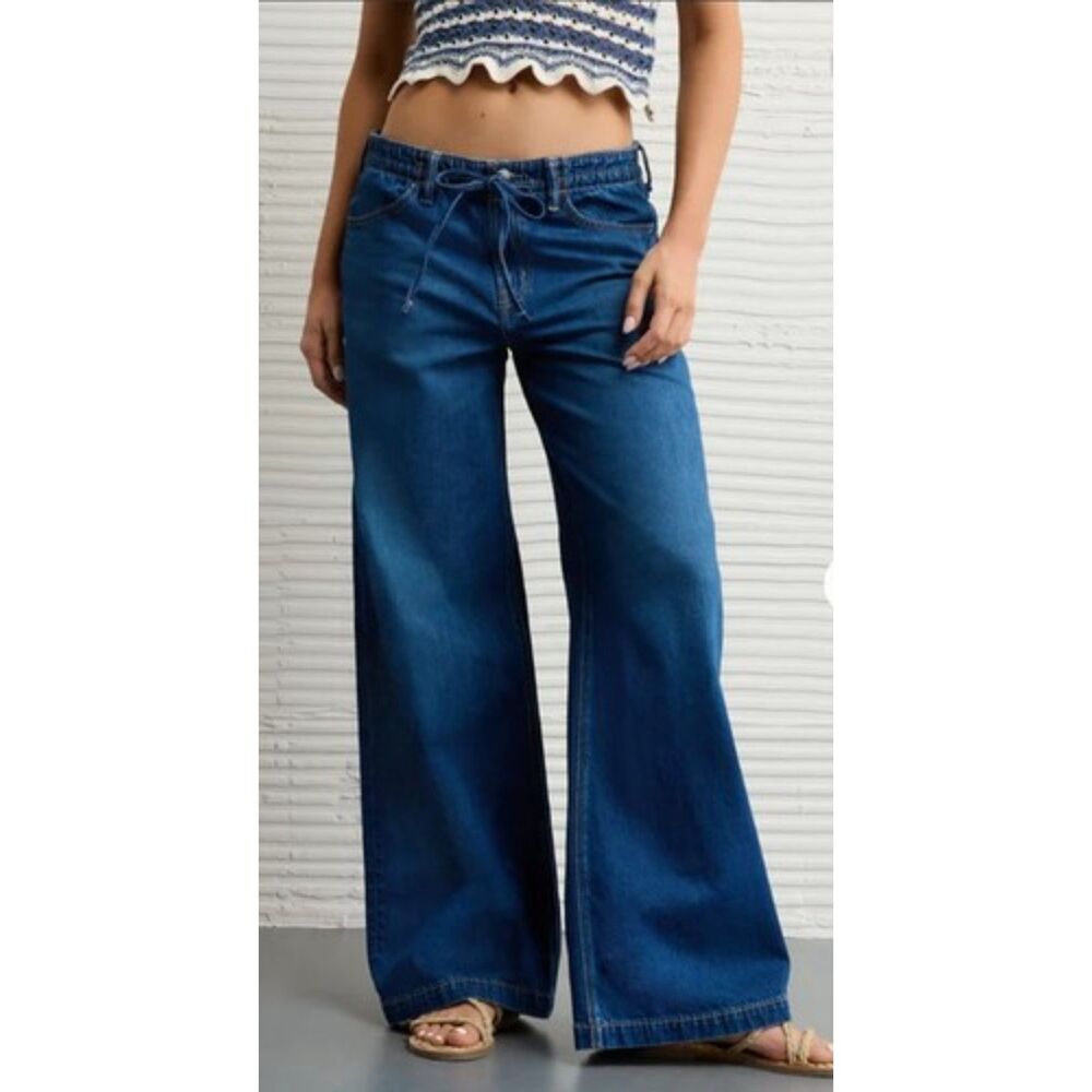 American Eagle Jeans Sz 10 Low Rise Ultra Wide Leg Strigid Womens Draw String